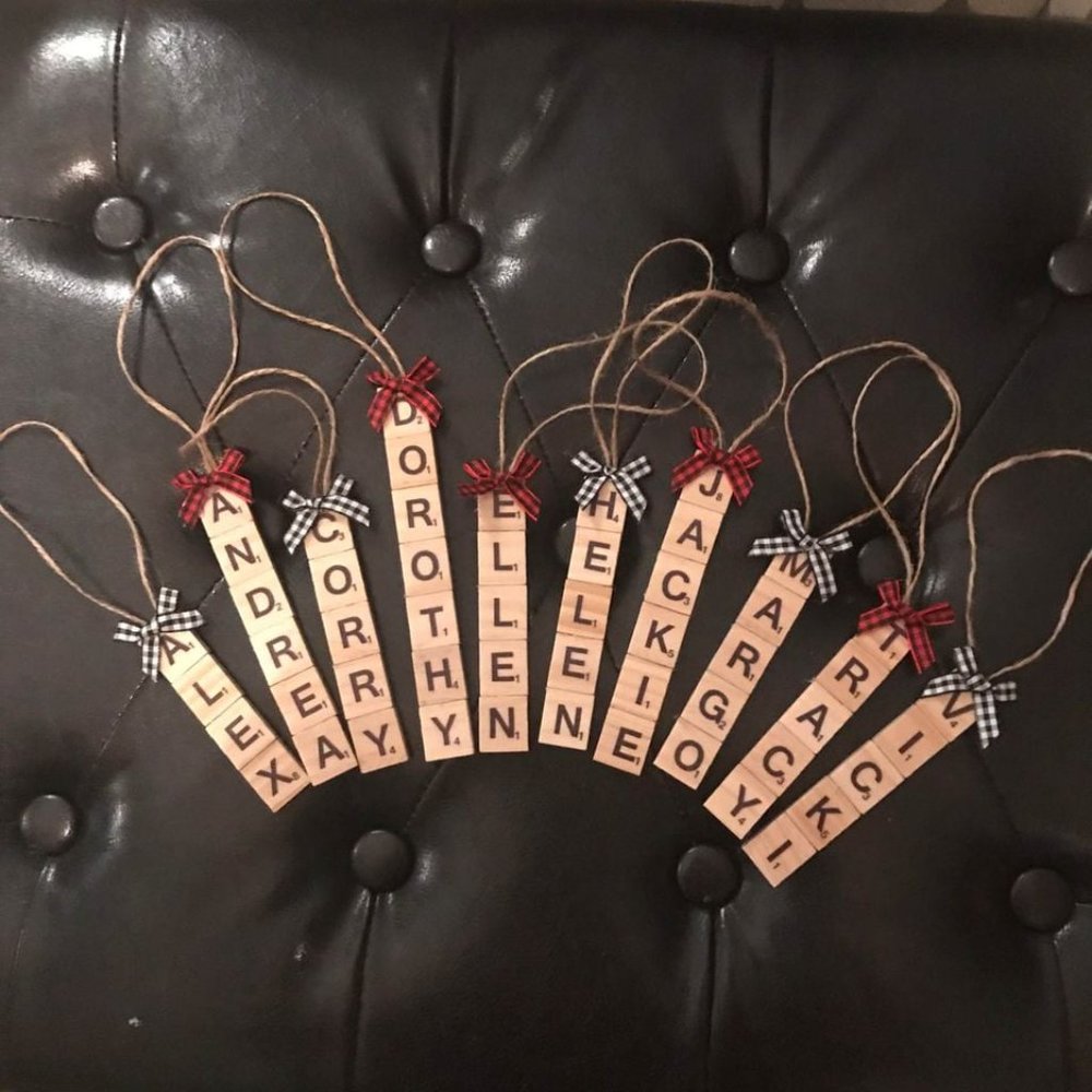 2 Custom Scrabble Tile Name Christmas Tree Ornaments with Buffalo Check Bow